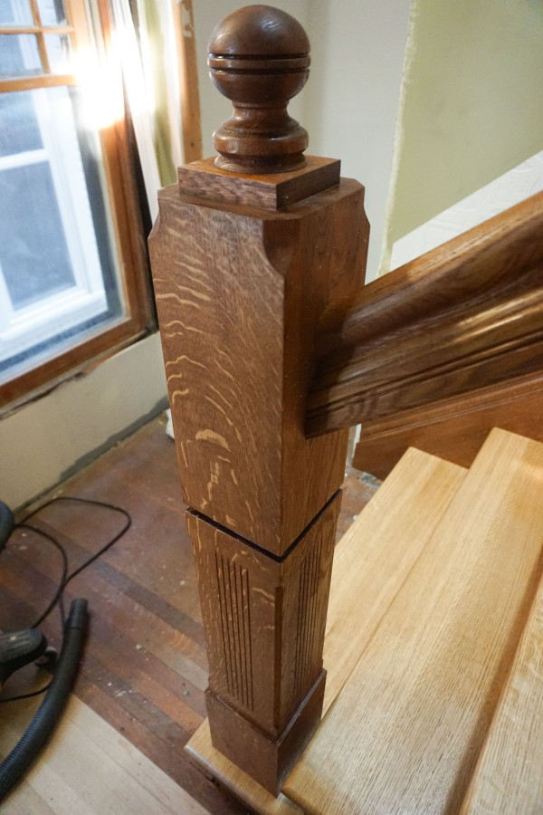 This secondary newel on my new stairs is showing some good quarter-sawn white oak grain now that it's got a bit of stain and varnish on it.